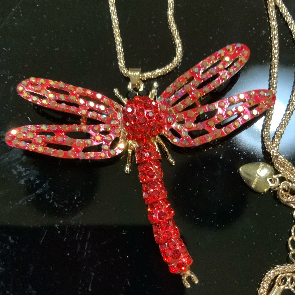 Betsey Johnson Necklace Dragon Fly Rhinestones Red Gold Tone #492
